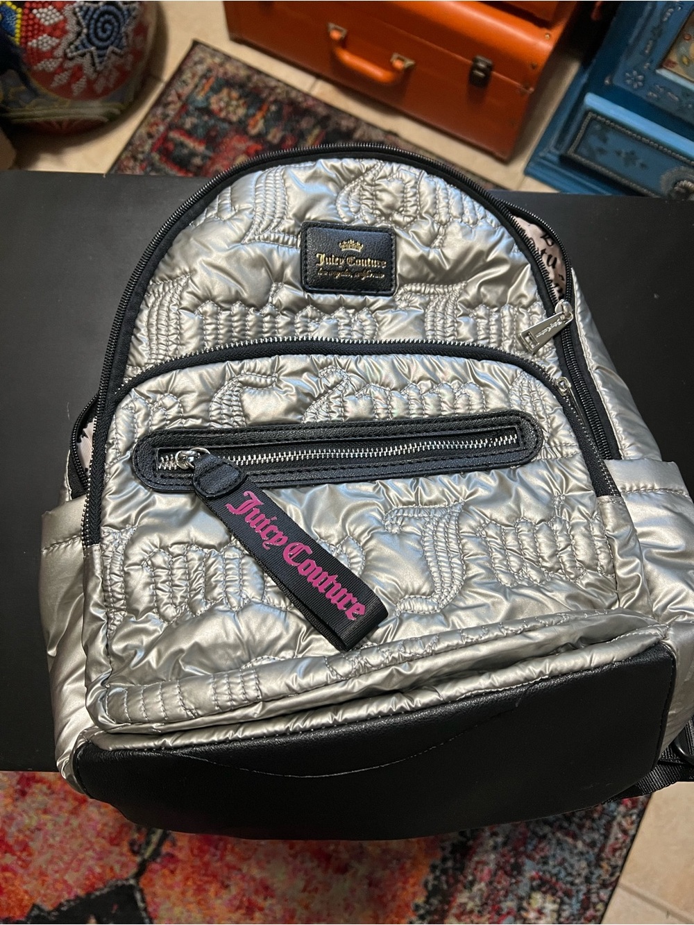 Juicy Couture Silver Quilted Mini Backpack with Black Trim